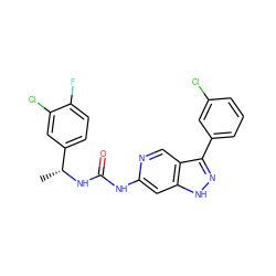 C[C@@H](NC(=O)Nc1cc2[nH]nc(-c3cccc(Cl)c3)c2cn1)c1ccc(F)c(Cl)c1 ZINC000205428585