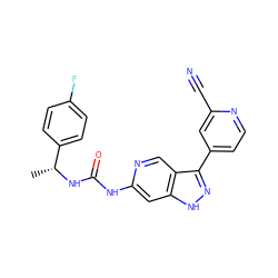 C[C@@H](NC(=O)Nc1cc2[nH]nc(-c3ccnc(C#N)c3)c2cn1)c1ccc(F)cc1 ZINC000219762623