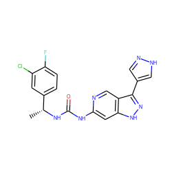 C[C@@H](NC(=O)Nc1cc2[nH]nc(-c3cn[nH]c3)c2cn1)c1ccc(F)c(Cl)c1 ZINC000261145023