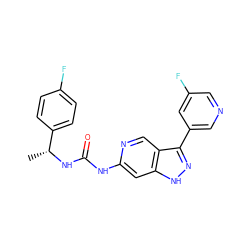 C[C@@H](NC(=O)Nc1cc2[nH]nc(-c3cncc(F)c3)c2cn1)c1ccc(F)cc1 ZINC000219773582