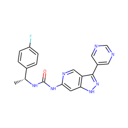 C[C@@H](NC(=O)Nc1cc2[nH]nc(-c3cncnc3)c2cn1)c1ccc(F)cc1 ZINC000261126416