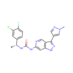 C[C@@H](NC(=O)Nc1cc2[nH]nc(-c3cnn(C)c3)c2cn1)c1ccc(F)c(Cl)c1 ZINC000205426864