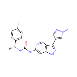 C[C@@H](NC(=O)Nc1cc2[nH]nc(-c3cnn(C)c3)c2cn1)c1ccc(F)cc1 ZINC000261072787