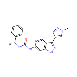 C[C@@H](NC(=O)Nc1cc2[nH]nc(-c3cnn(C)c3)c2cn1)c1ccccc1 ZINC000205442253