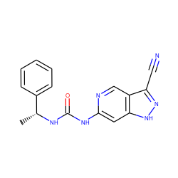 C[C@@H](NC(=O)Nc1cc2[nH]nc(C#N)c2cn1)c1ccccc1 ZINC000218620355