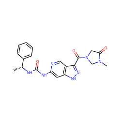 C[C@@H](NC(=O)Nc1cc2[nH]nc(C(=O)N3CC(=O)N(C)C3)c2cn1)c1ccccc1 ZINC000261175865