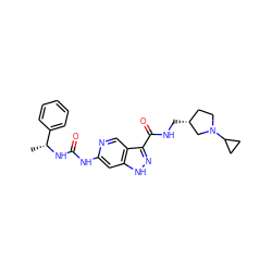 C[C@@H](NC(=O)Nc1cc2[nH]nc(C(=O)NC[C@@H]3CCN(C4CC4)C3)c2cn1)c1ccccc1 ZINC000261158714