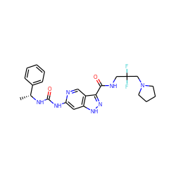 C[C@@H](NC(=O)Nc1cc2[nH]nc(C(=O)NCC(F)(F)CN3CCCC3)c2cn1)c1ccccc1 ZINC000261078691