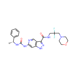 C[C@@H](NC(=O)Nc1cc2[nH]nc(C(=O)NCC(F)(F)CN3CCOCC3)c2cn1)c1ccccc1 ZINC000261174783