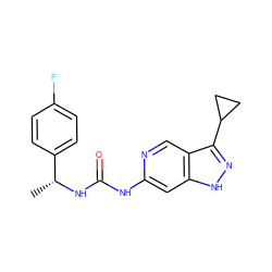 C[C@@H](NC(=O)Nc1cc2[nH]nc(C3CC3)c2cn1)c1ccc(F)cc1 ZINC000261153736