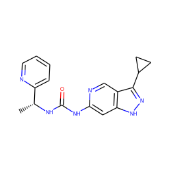 C[C@@H](NC(=O)Nc1cc2[nH]nc(C3CC3)c2cn1)c1ccccn1 ZINC000261091745