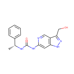 C[C@@H](NC(=O)Nc1cc2[nH]nc(CO)c2cn1)c1ccccc1 ZINC000261163279