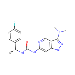 C[C@@H](NC(=O)Nc1cc2[nH]nc(N(C)C)c2cn1)c1ccc(F)cc1 ZINC001772649428