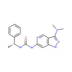 C[C@@H](NC(=O)Nc1cc2[nH]nc(N(C)C)c2cn1)c1ccccc1 ZINC001772624926