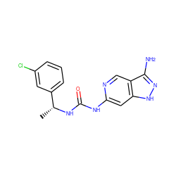 C[C@@H](NC(=O)Nc1cc2[nH]nc(N)c2cn1)c1cccc(Cl)c1 ZINC001772587968