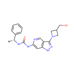 C[C@@H](NC(=O)Nc1cc2[nH]nc(N3CC(CO)C3)c2cn1)c1ccccc1 ZINC000210788734