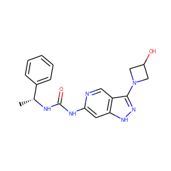 C[C@@H](NC(=O)Nc1cc2[nH]nc(N3CC(O)C3)c2cn1)c1ccccc1 ZINC001772584875