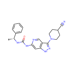 C[C@@H](NC(=O)Nc1cc2[nH]nc(N3CCC(C#N)CC3)c2cn1)c1ccccc1 ZINC001772647965