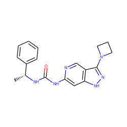 C[C@@H](NC(=O)Nc1cc2[nH]nc(N3CCC3)c2cn1)c1ccccc1 ZINC001772597430