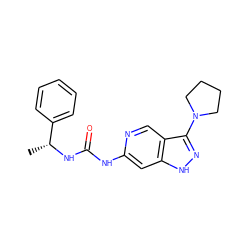 C[C@@H](NC(=O)Nc1cc2[nH]nc(N3CCCC3)c2cn1)c1ccccc1 ZINC001772649374