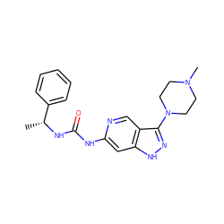 C[C@@H](NC(=O)Nc1cc2[nH]nc(N3CCN(C)CC3)c2cn1)c1ccccc1 ZINC001772618599