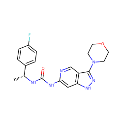 C[C@@H](NC(=O)Nc1cc2[nH]nc(N3CCOCC3)c2cn1)c1ccc(F)cc1 ZINC001772624988