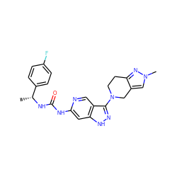 C[C@@H](NC(=O)Nc1cc2[nH]nc(N3CCc4nn(C)cc4C3)c2cn1)c1ccc(F)cc1 ZINC001772633312