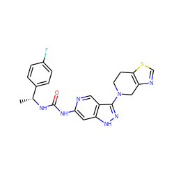 C[C@@H](NC(=O)Nc1cc2[nH]nc(N3CCc4scnc4C3)c2cn1)c1ccc(F)cc1 ZINC001772641810