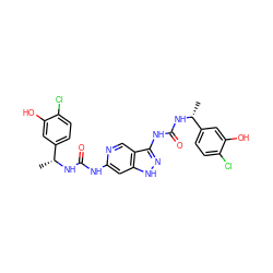 C[C@@H](NC(=O)Nc1cc2[nH]nc(NC(=O)N[C@H](C)c3ccc(Cl)c(O)c3)c2cn1)c1ccc(Cl)c(O)c1 ZINC001772598973