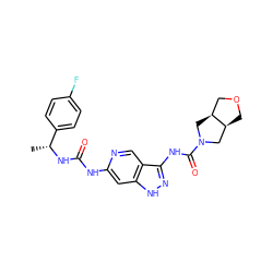 C[C@@H](NC(=O)Nc1cc2[nH]nc(NC(=O)N3C[C@H]4COC[C@H]4C3)c2cn1)c1ccc(F)cc1 ZINC001772608769