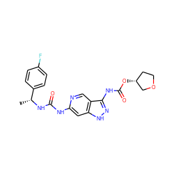 C[C@@H](NC(=O)Nc1cc2[nH]nc(NC(=O)O[C@@H]3CCOC3)c2cn1)c1ccc(F)cc1 ZINC001772598896