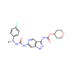 C[C@@H](NC(=O)Nc1cc2[nH]nc(NC(=O)OC3CCOCC3)c2cn1)c1ccc(F)cc1 ZINC001772633956