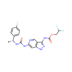 C[C@@H](NC(=O)Nc1cc2[nH]nc(NC(=O)OCC(F)F)c2cn1)c1ccc(F)cc1 ZINC001772605184