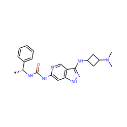 C[C@@H](NC(=O)Nc1cc2[nH]nc(NC3CC(N(C)C)C3)c2cn1)c1ccccc1 ZINC001772606431