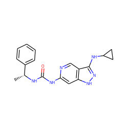 C[C@@H](NC(=O)Nc1cc2[nH]nc(NC3CC3)c2cn1)c1ccccc1 ZINC001772654851