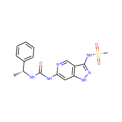 C[C@@H](NC(=O)Nc1cc2[nH]nc(NS(C)(=O)=O)c2cn1)c1ccccc1 ZINC001772630339