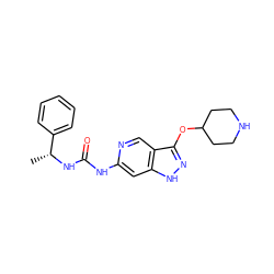 C[C@@H](NC(=O)Nc1cc2[nH]nc(OC3CCNCC3)c2cn1)c1ccccc1 ZINC001772589551