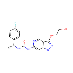 C[C@@H](NC(=O)Nc1cc2[nH]nc(OCCO)c2cn1)c1ccc(F)cc1 ZINC001772621409