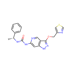 C[C@@H](NC(=O)Nc1cc2[nH]nc(OCc3cscn3)c2cn1)c1ccccc1 ZINC001772577193