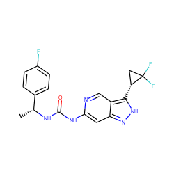 C[C@@H](NC(=O)Nc1cc2n[nH]c([C@@H]3CC3(F)F)c2cn1)c1ccc(F)cc1 ZINC000219751065