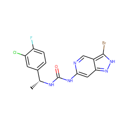 C[C@@H](NC(=O)Nc1cc2n[nH]c(Br)c2cn1)c1ccc(F)c(Cl)c1 ZINC000205426803