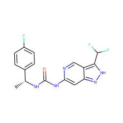 C[C@@H](NC(=O)Nc1cc2n[nH]c(C(F)F)c2cn1)c1ccc(F)cc1 ZINC000219773477