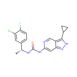 C[C@@H](NC(=O)Nc1cc2n[nH]c(C3CC3)c2cn1)c1ccc(F)c(Cl)c1 ZINC000205430558
