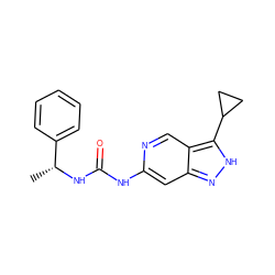 C[C@@H](NC(=O)Nc1cc2n[nH]c(C3CC3)c2cn1)c1ccccc1 ZINC000205442187