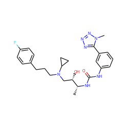 C[C@@H](NC(=O)Nc1cccc(-c2nnnn2C)c1)[C@@H](O)CN(CCCc1ccc(F)cc1)C1CC1 ZINC000029039053