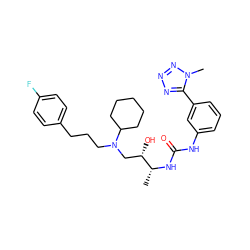 C[C@@H](NC(=O)Nc1cccc(-c2nnnn2C)c1)[C@@H](O)CN(CCCc1ccc(F)cc1)C1CCCCC1 ZINC000029039057