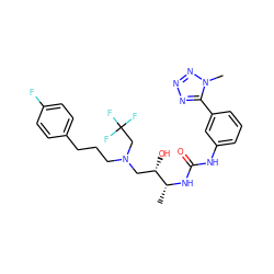 C[C@@H](NC(=O)Nc1cccc(-c2nnnn2C)c1)[C@@H](O)CN(CCCc1ccc(F)cc1)CC(F)(F)F ZINC000029039059