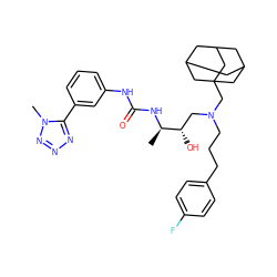 C[C@@H](NC(=O)Nc1cccc(-c2nnnn2C)c1)[C@@H](O)CN(CCCc1ccc(F)cc1)CC12CC3CC(CC(C3)C1)C2 ZINC000029039061