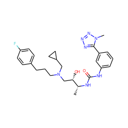 C[C@@H](NC(=O)Nc1cccc(-c2nnnn2C)c1)[C@@H](O)CN(CCCc1ccc(F)cc1)CC1CC1 ZINC000029039055