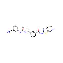C[C@@H](NC(=O)Nc1cccc(C#N)c1)c1cccc(C(=O)Nc2nc3c(s2)CN(C)CC3)c1 ZINC000141658100